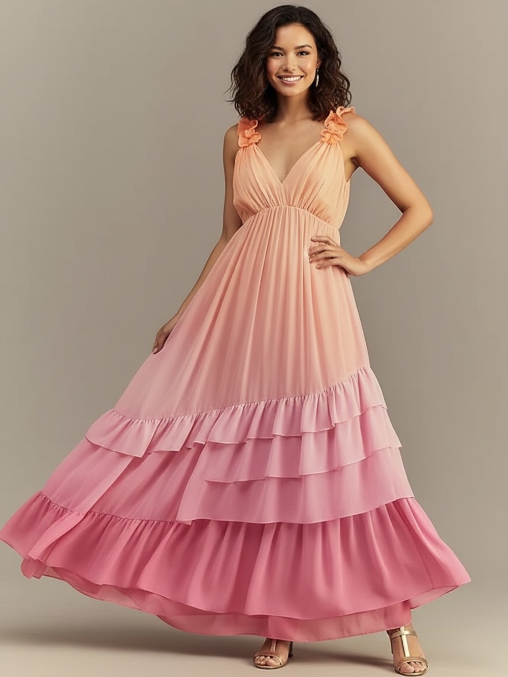 Anthropologie BHLDN Alivia V Neck Ruffle Ombre Pink Orange Maxi Dress Medium
